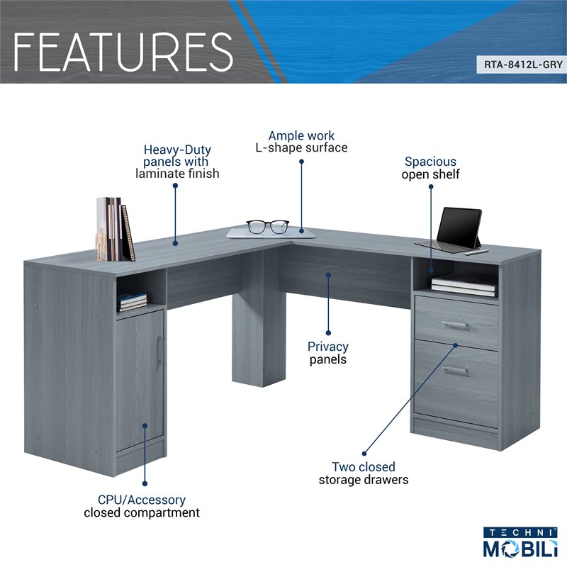 Techni Mobili Engineered Wood L-Shaped Computer Desk with Storage in Gray