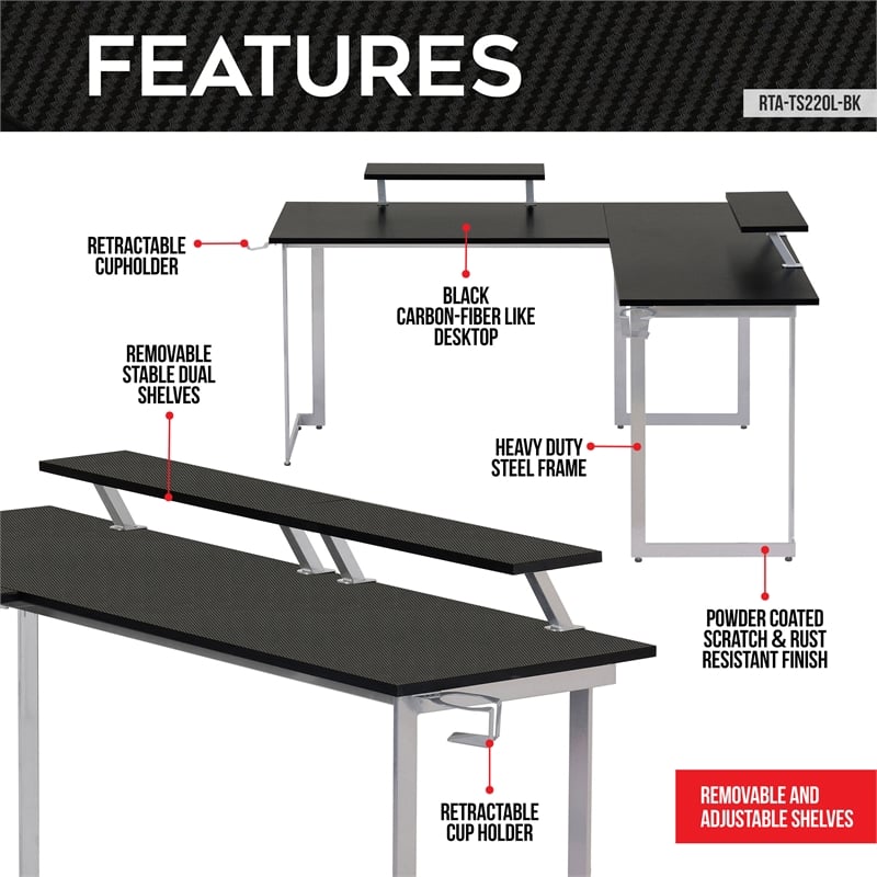 Techni Sport Warrior Engineered Wood L-Shaped Gaming Desk in Black