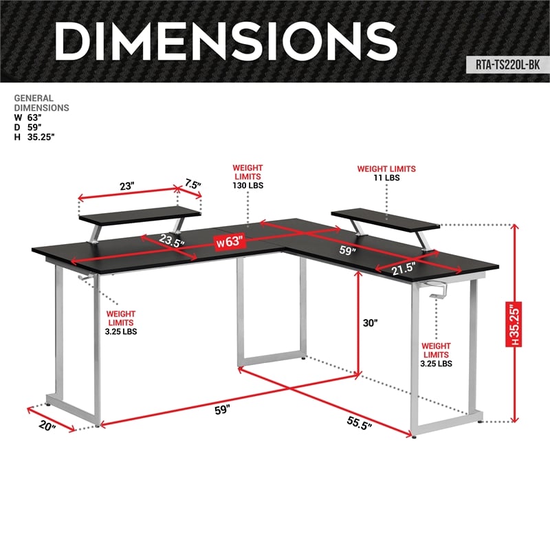 Techni Sport Warrior Engineered Wood L-Shaped Gaming Desk in Black