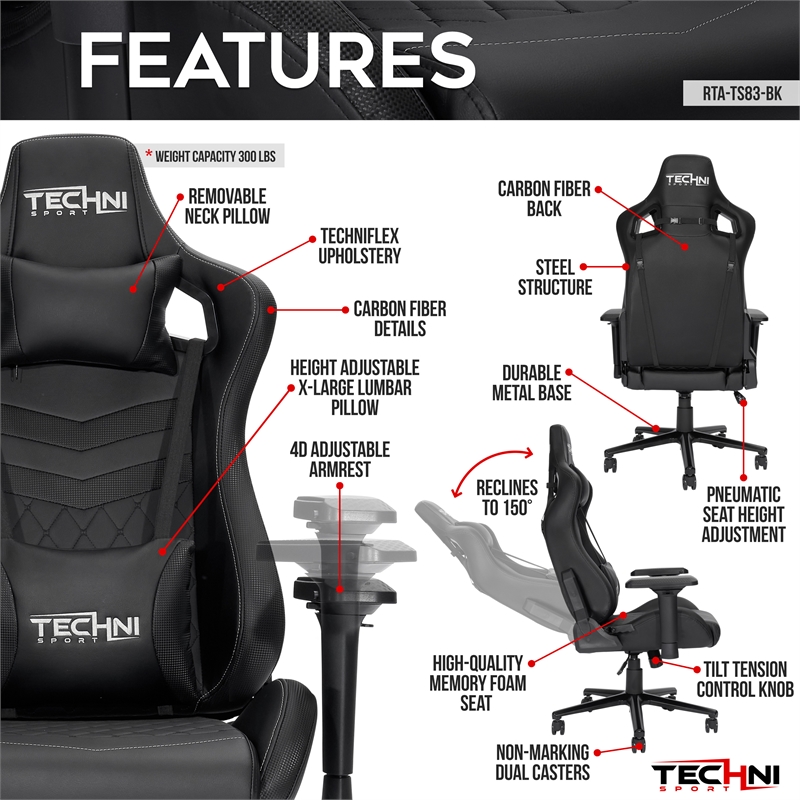 Techni Sport TS-83 Ergonomic High-Back Fabric Racer Style PC Gaming Chair- Black