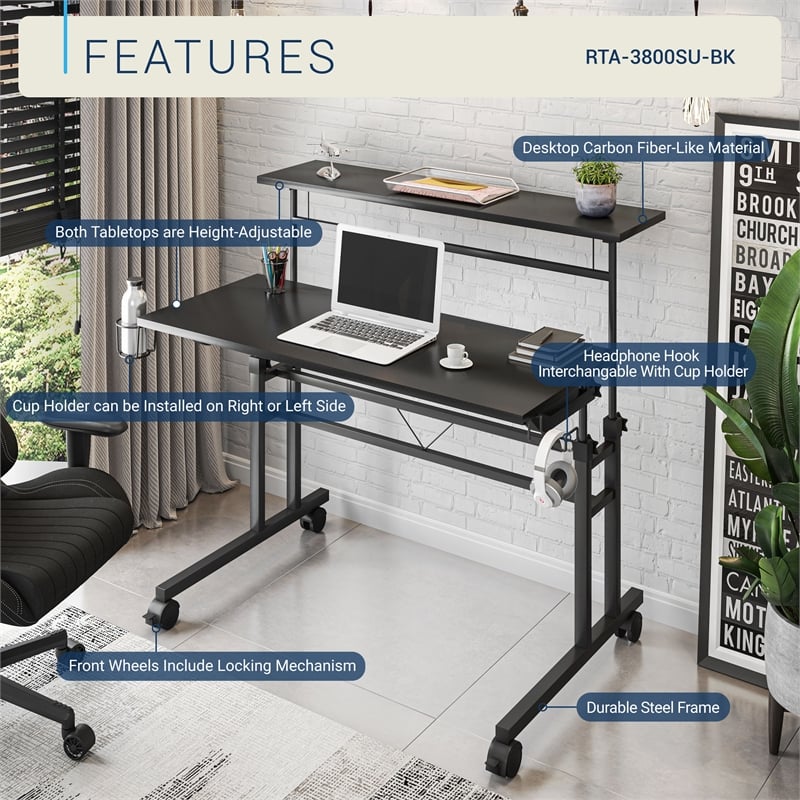 Techni Mobili Engineered Wood Adjustable Desktop/Shelves Writing Desk - Black