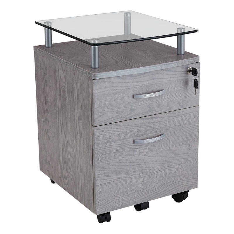 Techni Mobili Engineered Wood Frame Rolling File Cabinet with Glass Top - Gray