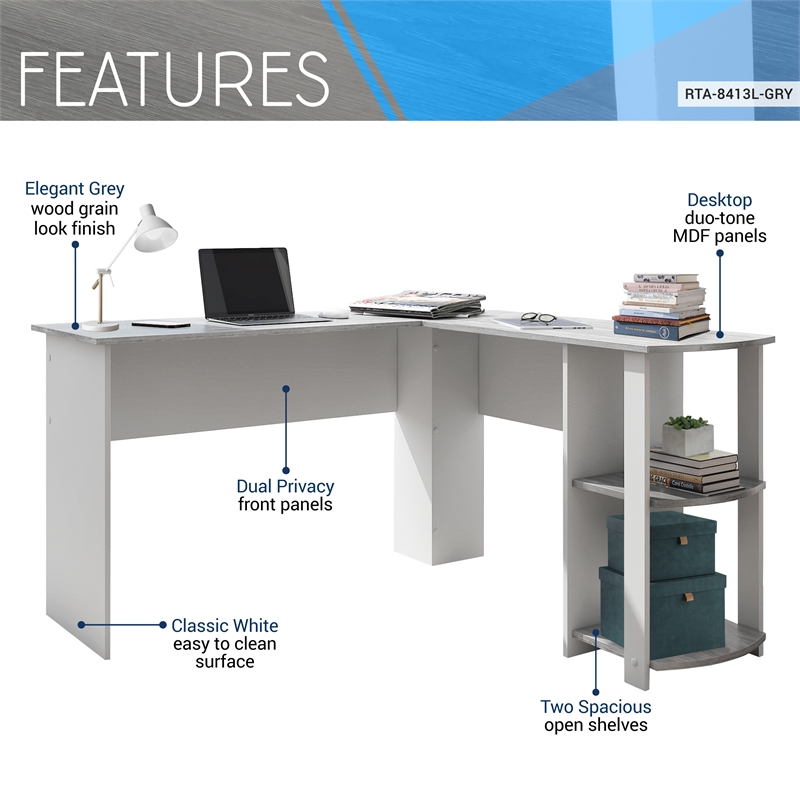 Techni Mobili Modern Engineered Wood L-Shaped Computer Desk with Shelves in Gray