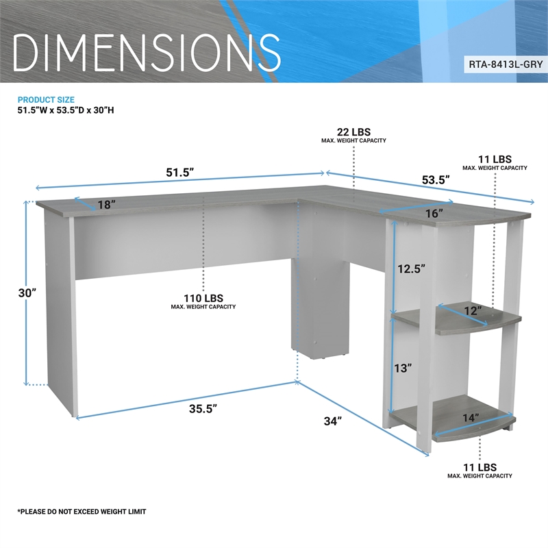Techni Mobili Modern Engineered Wood L-Shaped Computer Desk with Shelves in Gray