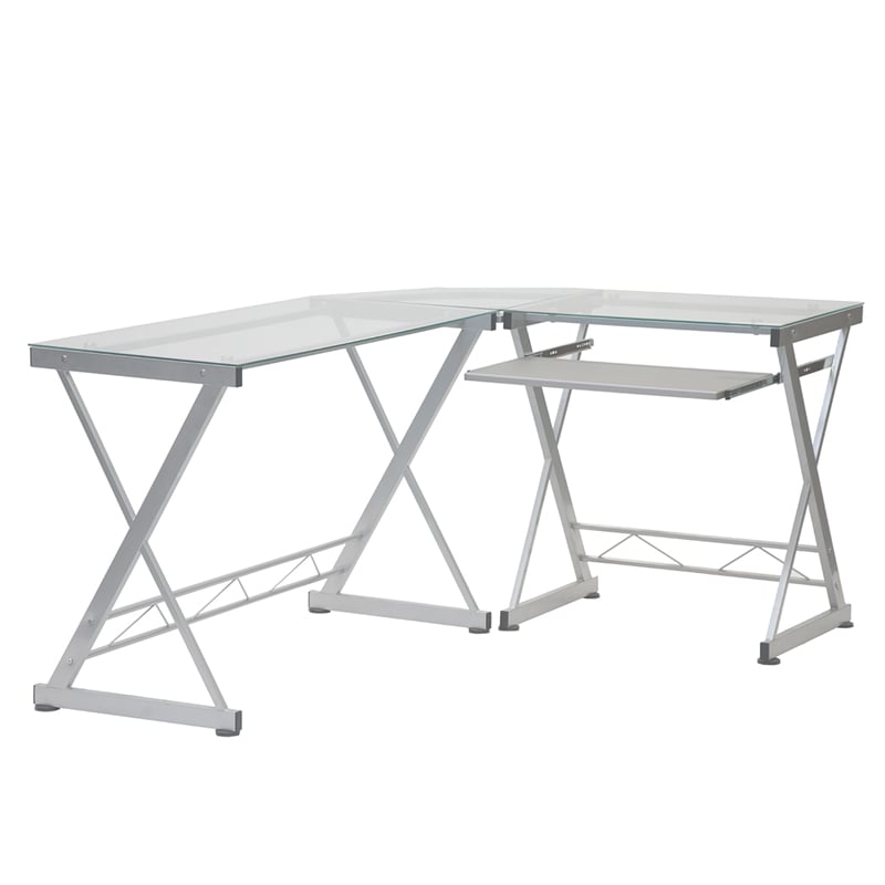 Techni Mobili Modern Reversible L Shaped Clear Glass Top Computer Desk
