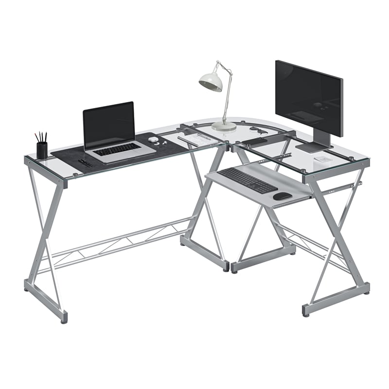 Techni Mobili Modern Reversible L Shaped Clear Glass Top Computer Desk