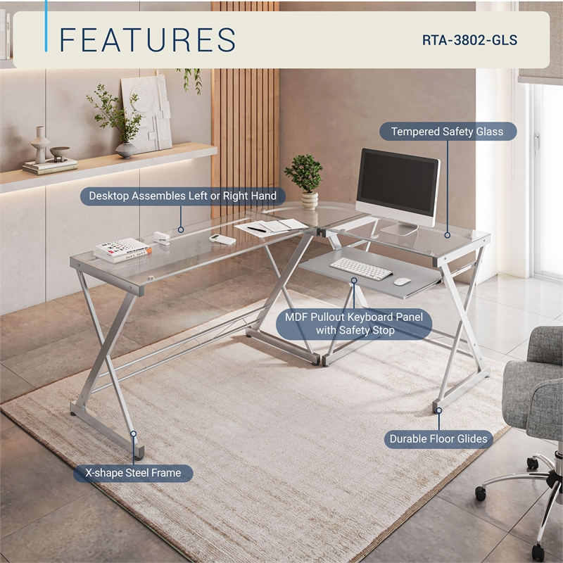 Techni Mobili Modern Reversible L Shaped Clear Glass Top Computer Desk