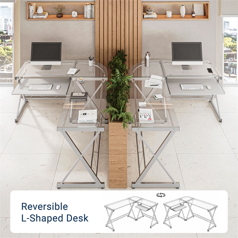 Techni Mobili Modern Reversible L Shaped Clear Glass Top Computer Desk