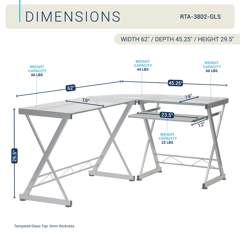 Techni Mobili Modern Reversible L Shaped Clear Glass Top Computer Desk