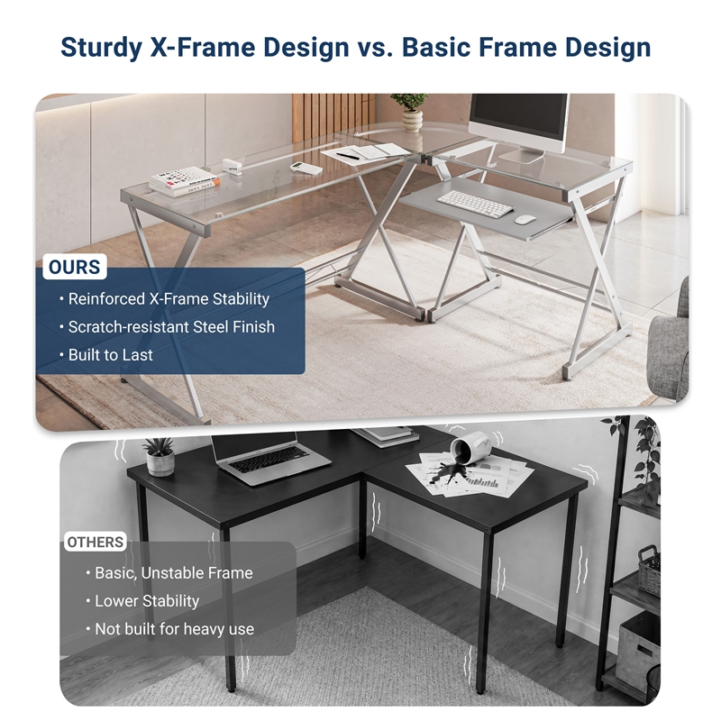 Techni Mobili Modern Reversible L Shaped Clear Glass Top Computer Desk