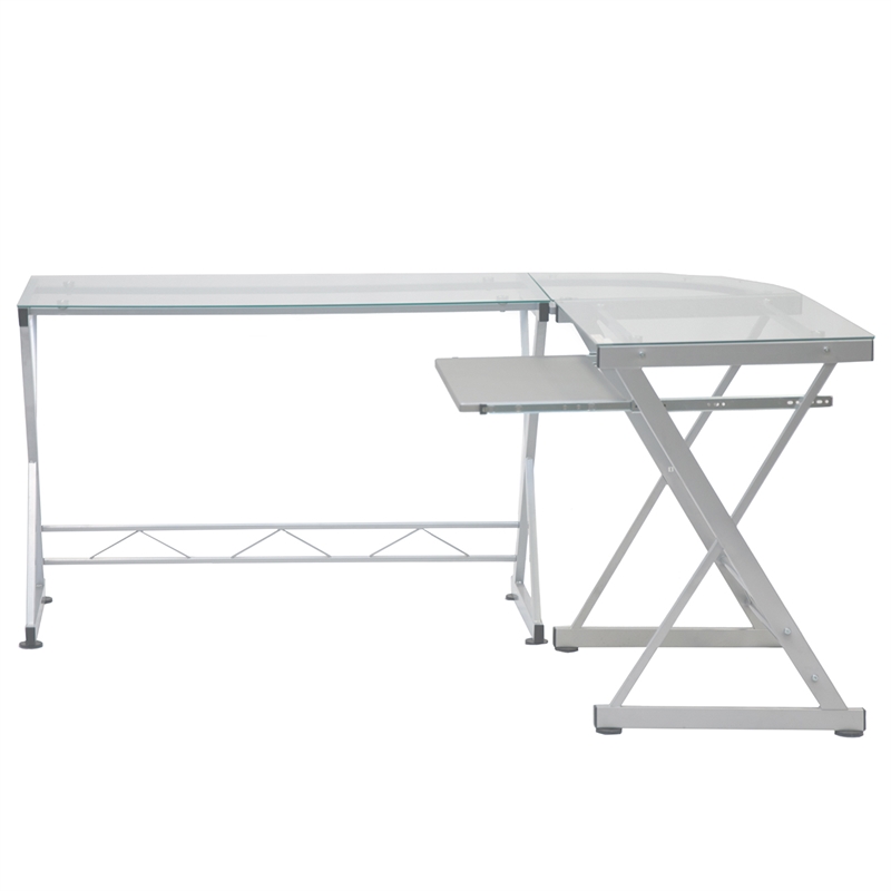 Techni Mobili Modern Reversible L Shaped Clear Glass Top Computer Desk