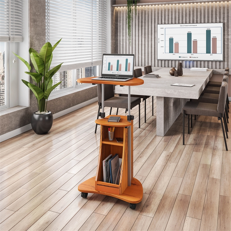 Techni Mobili Cadmus Sit-to-Stand Rolling Laptop Cart with Storage in Wood Grain