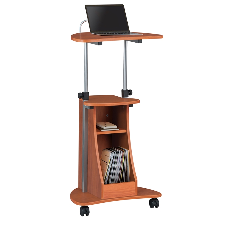 Techni Mobili Cadmus Sit-to-Stand Rolling Laptop Cart with Storage in Wood Grain