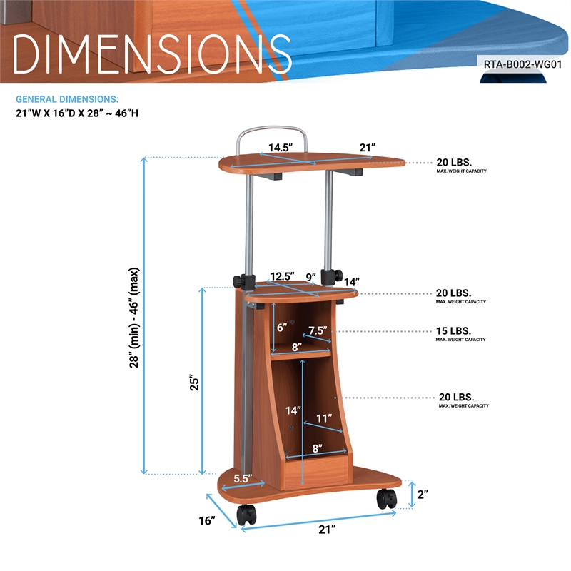 Techni Mobili Cadmus Sit-to-Stand Rolling Laptop Cart with Storage in Wood Grain