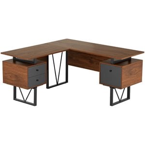 Techni Mobili Reversible Wooden L Shaped Computer Writing Desk in Walnut
