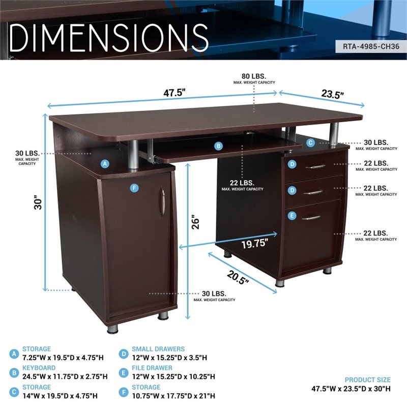 Techni Mobili Engineered Wood Computer Desk w/CPU Stand Compartment in Chocolate