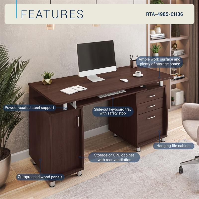 Techni Mobili Engineered Wood Computer Desk w/CPU Stand Compartment in Chocolate