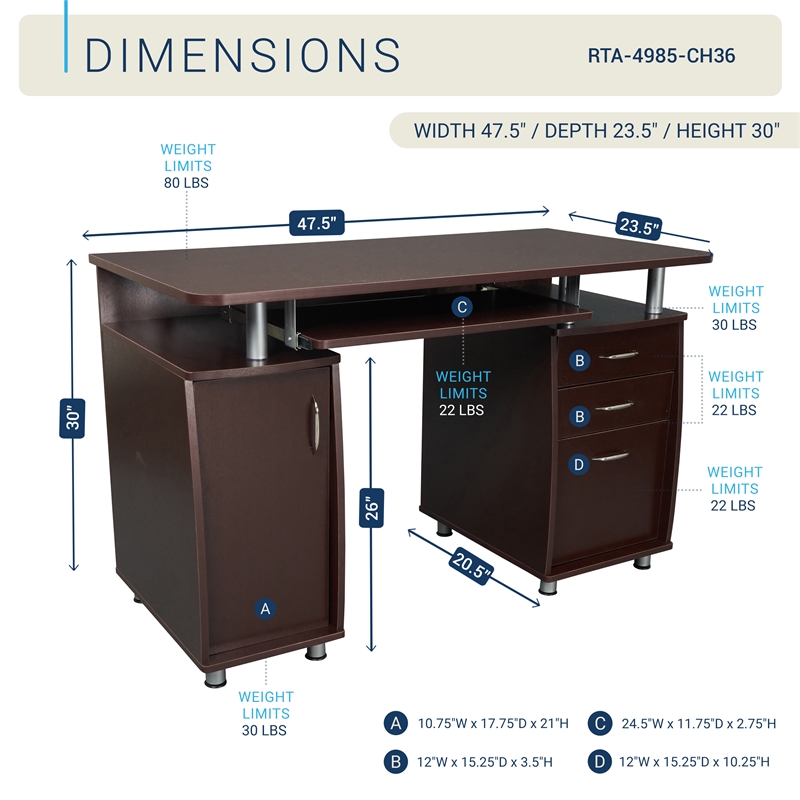 Techni Mobili Engineered Wood Computer Desk w/CPU Stand Compartment in Chocolate