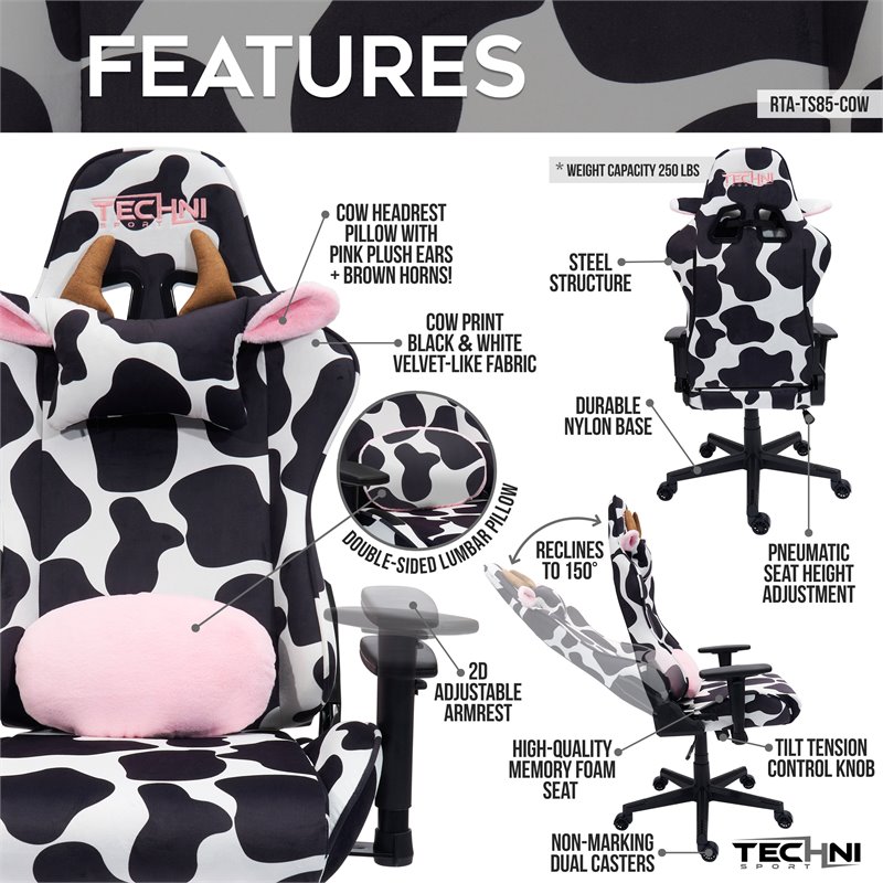 Techni Mobili Sport TS85 COW Print Fabric LUXX Series Gaming Chair Black/White