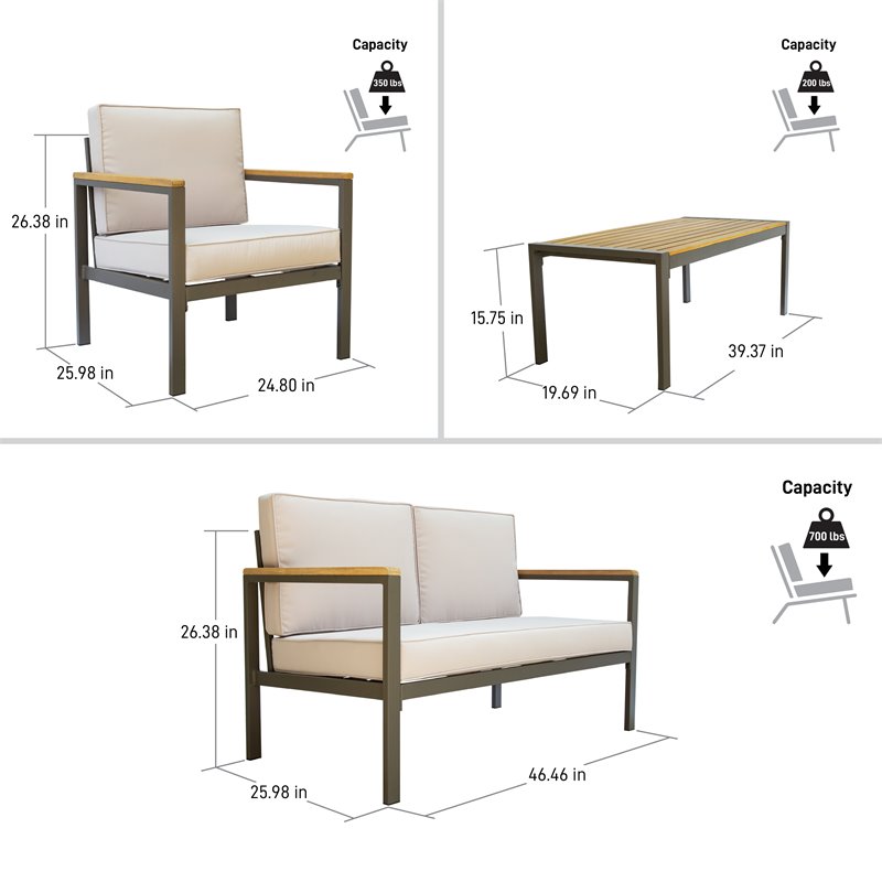 Techni Mobili Ribe 4-Piece Outdoor Aluminum/Wood Patio Sofa Set in Beige