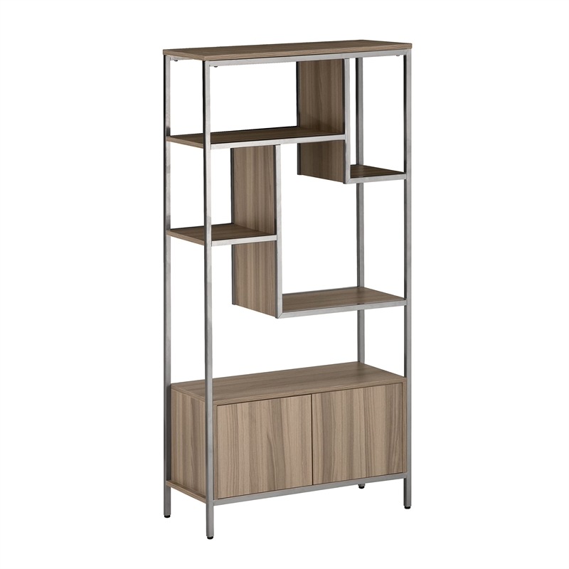 Techni Mobili Mid-Century MDF Wood & Metal Storage Rack with Door Cabinet in Oak