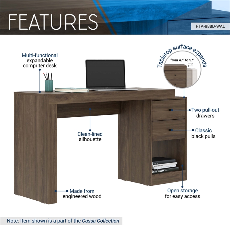 Techni Mobili Cassa Expandable Modern Wood Writing Desk in Walnut