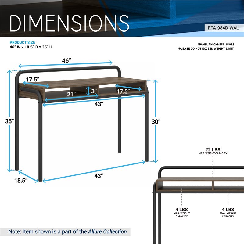 Techni Mobili Allure Modern Wood Workstation Desk with 2 Shelves in Walnut