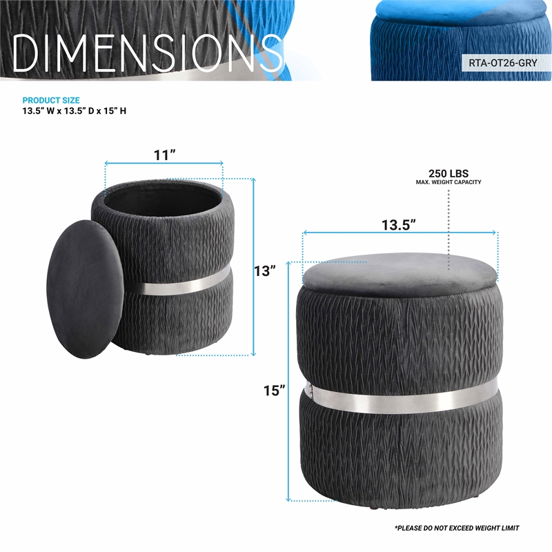 Techni Mobili Modern Fabric Storage Ottoman in Gray/Brushed Silver