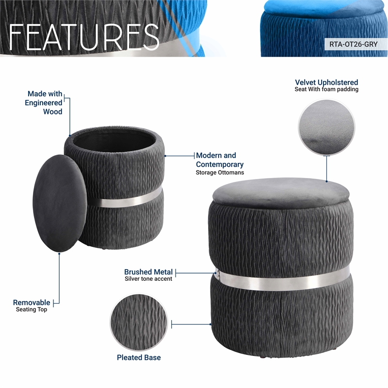 Techni Mobili Modern Fabric Storage Ottoman in Gray/Brushed Silver
