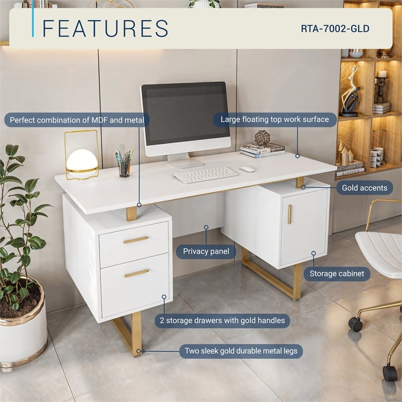 Techni Mobili Wood Desk for Office with Drawers & Storage in White and Gold