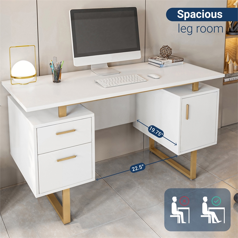 Techni Mobili Wood Desk for Office with Drawers & Storage in White and Gold