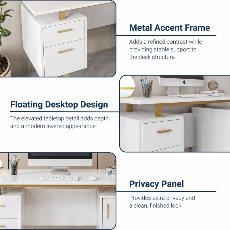 Techni Mobili Wood Desk for Office with Drawers & Storage in White and Gold