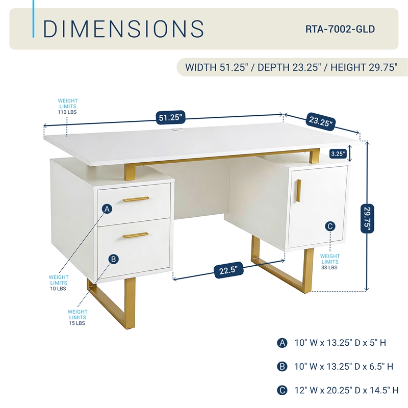 Techni Mobili Wood Desk for Office with Drawers & Storage in White and Gold