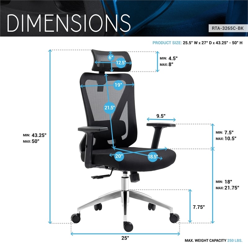 Techni Mobili Mesh Fabric Office Chair with Headrest & Lumbar Support in Black