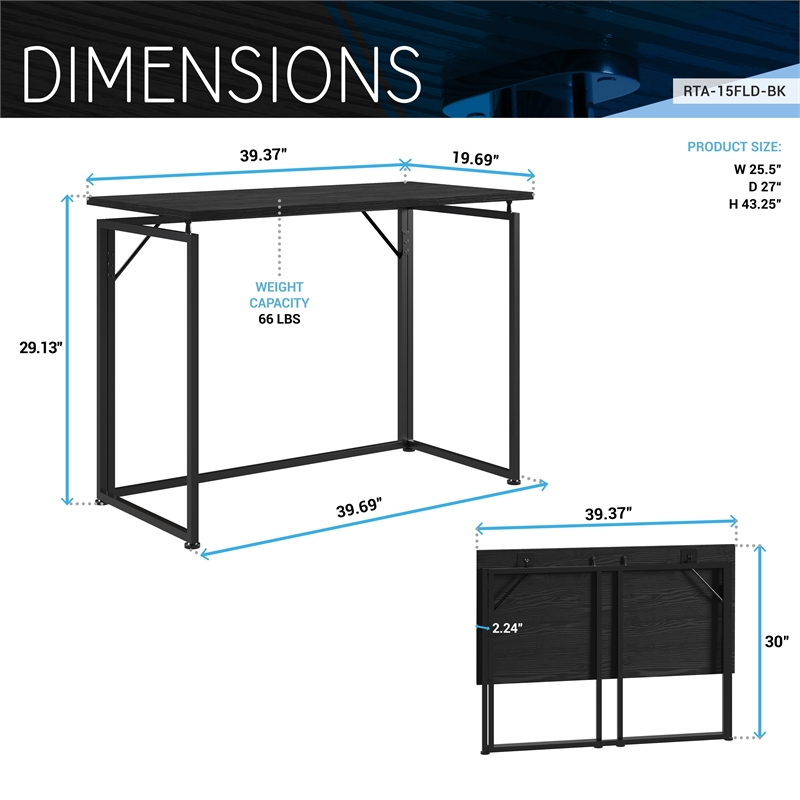 Techni Mobili Modern Wood & Steel Metal Folding Desk in Black