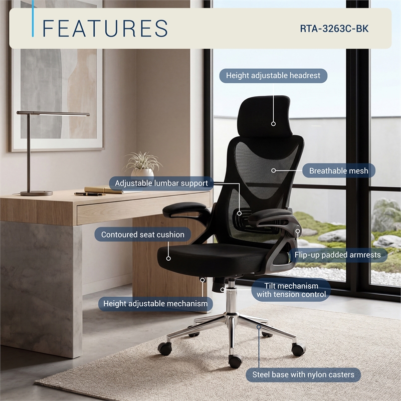 Techni Mobili Modern Mesh & Plastic Essential Ergonomic Office Chair in Black