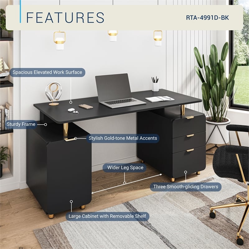 Techni Mobili Executive Desk with 3 Drawers and Cabinet - Black and Gold