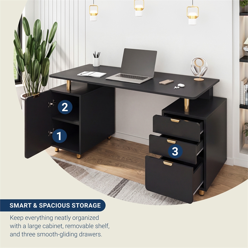 Techni Mobili Executive Desk with 3 Drawers and Cabinet - Black and Gold