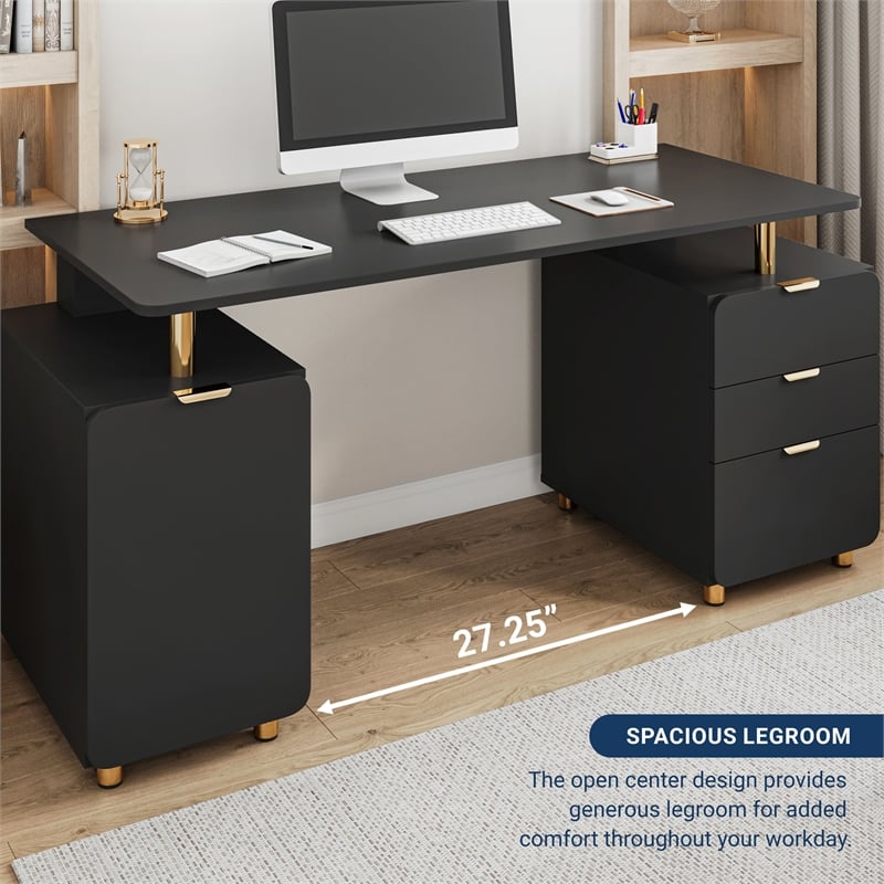 Techni Mobili Executive Desk with 3 Drawers and Cabinet - Black and Gold