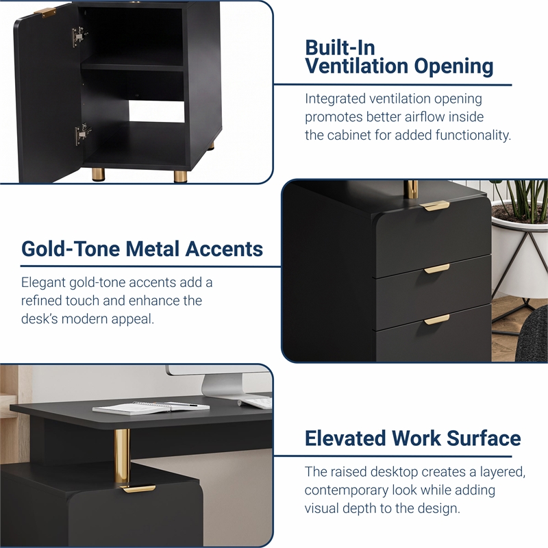 Techni Mobili Executive Desk with 3 Drawers and Cabinet - Black and Gold