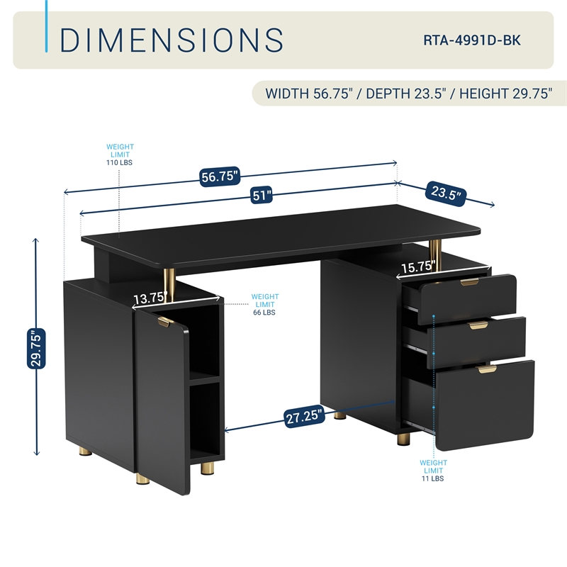 Techni Mobili Executive Desk with 3 Drawers and Cabinet - Black and Gold