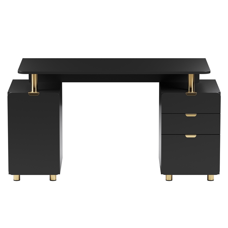 Techni Mobili Executive Desk with 3 Drawers and Cabinet - Black and Gold
