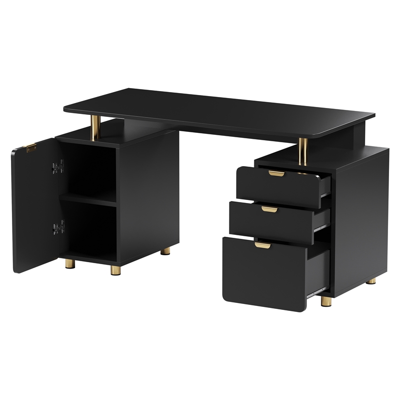 Techni Mobili Executive Desk with 3 Drawers and Cabinet - Black and Gold