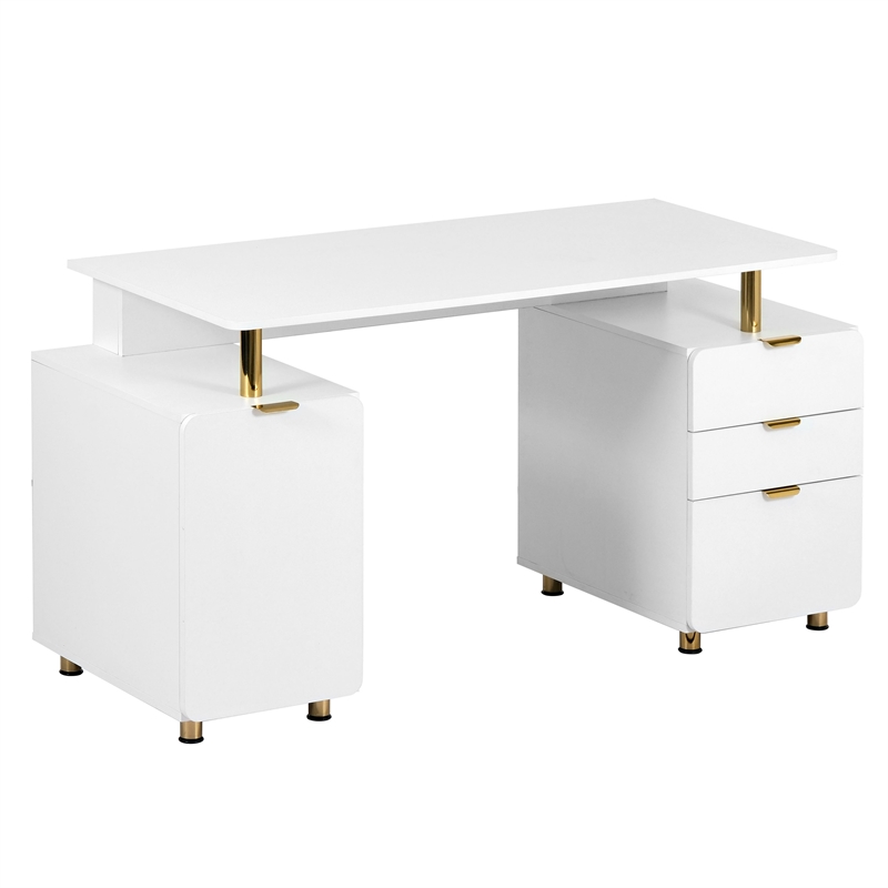 Techni Mobili Executive Desk with 3 Drawers and Cabinet - White and Gold