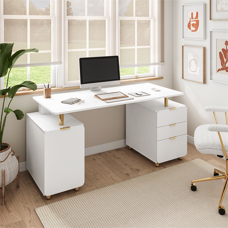Techni Mobili Executive Desk with 3 Drawers and Cabinet - White and Gold