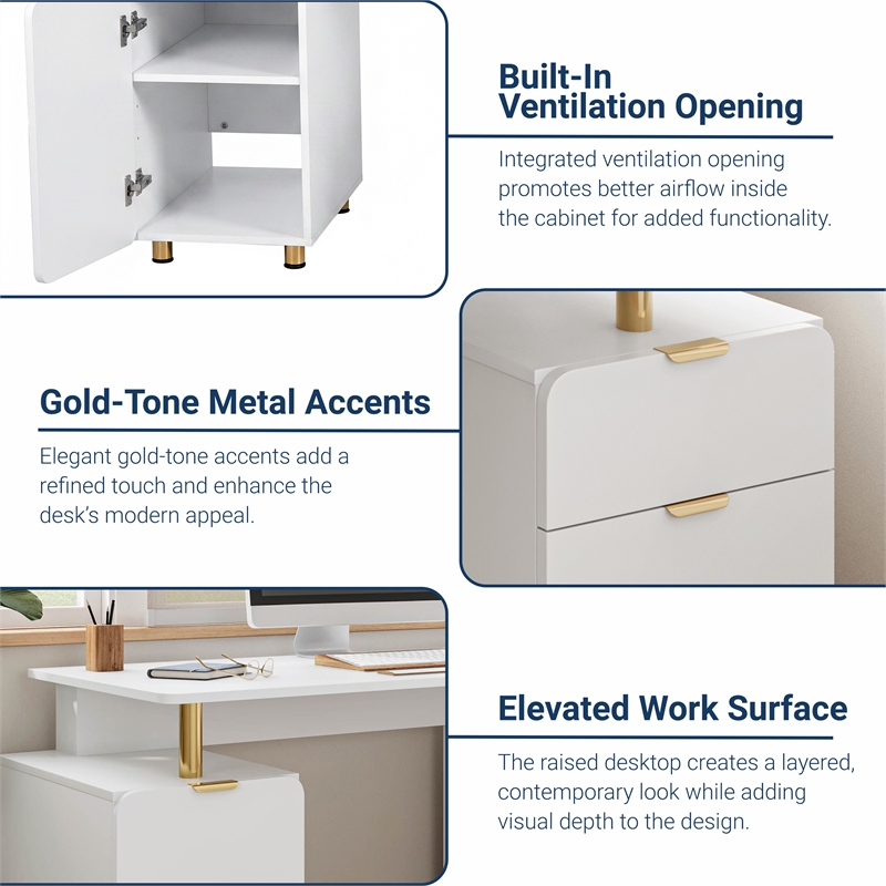 Techni Mobili Executive Desk with 3 Drawers and Cabinet - White and Gold