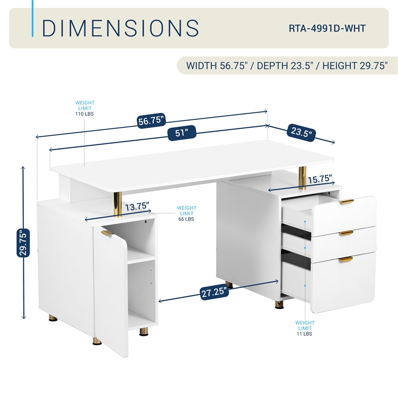 Techni Mobili Executive Desk with 3 Drawers and Cabinet - White and Gold