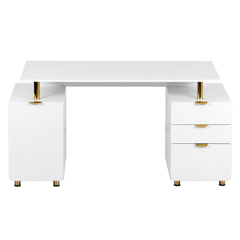 Techni Mobili Executive Desk with 3 Drawers and Cabinet - White and Gold