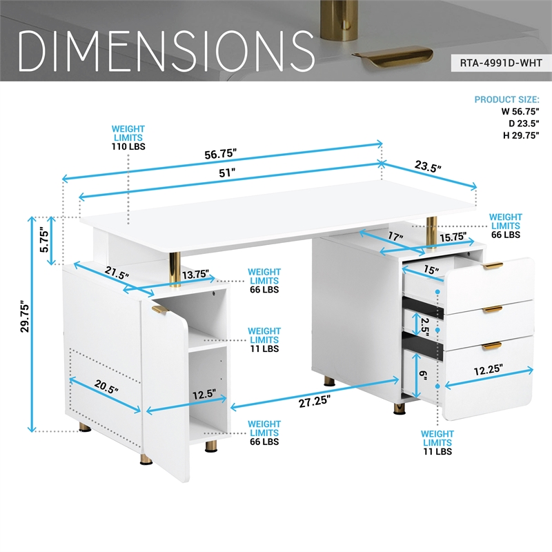 Techni Mobili Executive Desk with 3 Drawers and Cabinet - White and Gold