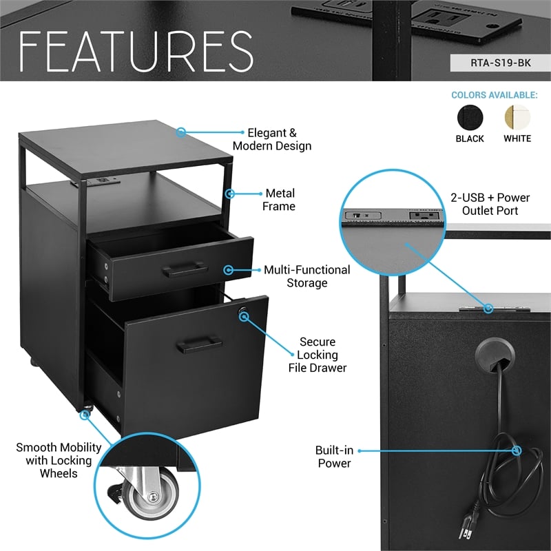 Techni Mobili Black 2-Drawer Rolling Locking File Cabinet w/ USB